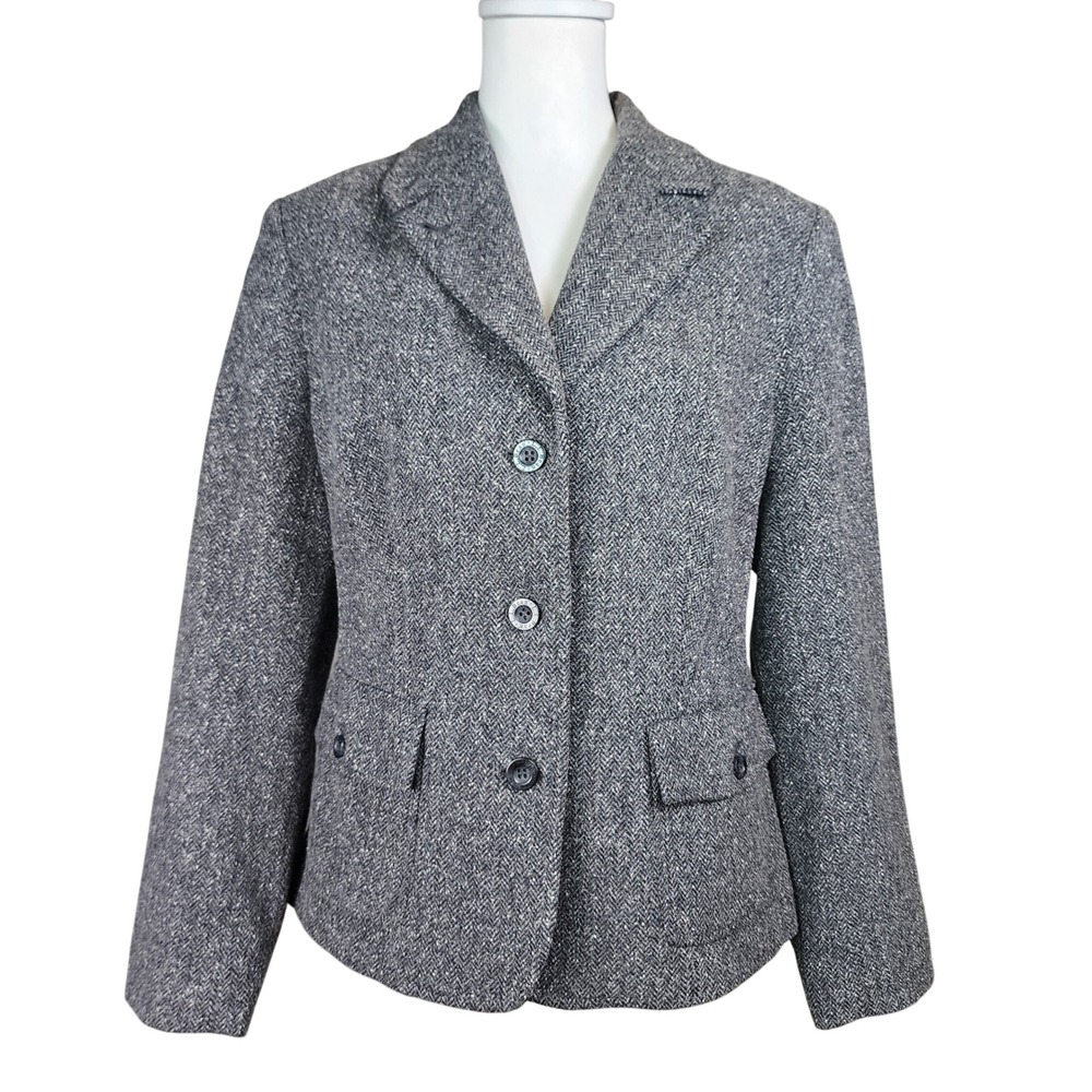 LL Bean Wool Silk Blazer Jacket Womens M Petite Gray Herringbone Office Casual
